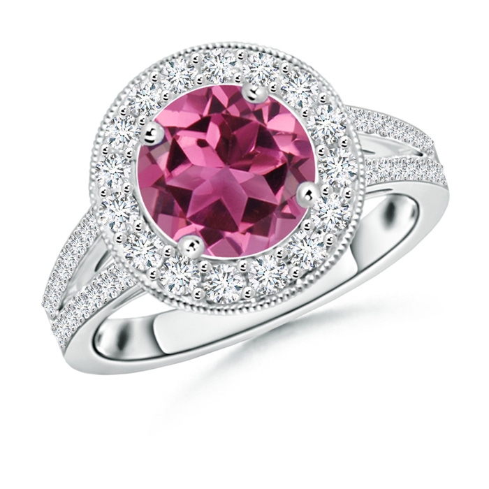 8mm AAAA Round Pink Tourmaline Split Shank Ring with Diamond Halo in White Gold