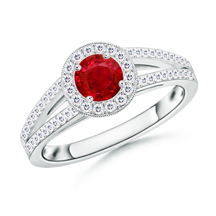 5mm AAA Round Ruby Split Shank Ring with Diamond Halo in White Gold
