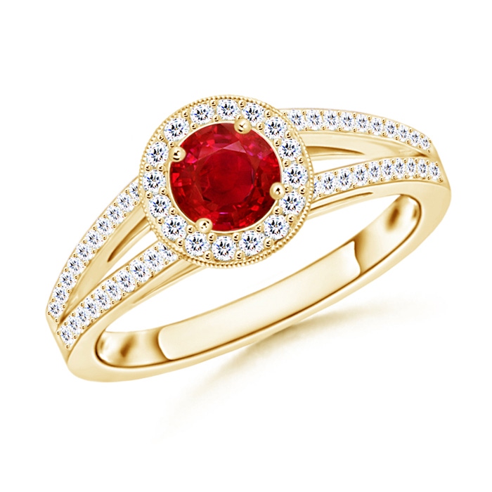 5mm AAA Round Ruby Split Shank Ring with Diamond Halo in Yellow Gold