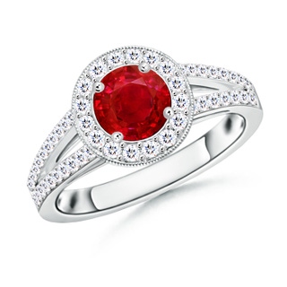 6mm AAA Round Ruby Split Shank Ring with Diamond Halo in White Gold