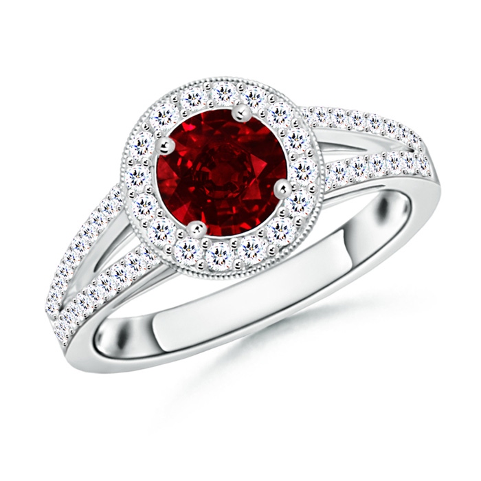 6mm Lab-Grown Round Ruby Split Shank Ring with Diamond Halo in White Gold