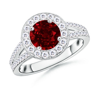 7mm AAAA Round Ruby Split Shank Ring with Diamond Halo in White Gold