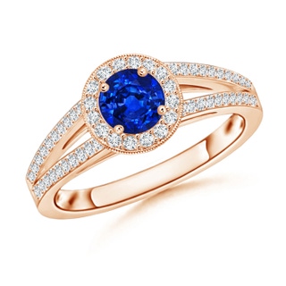 5mm AAAA Round Blue Sapphire Split Shank Ring with Diamond Halo in Rose Gold