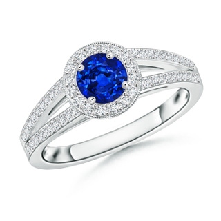 5mm AAAA Round Blue Sapphire Split Shank Ring with Diamond Halo in White Gold