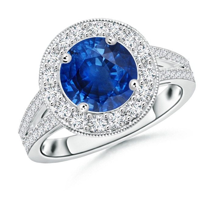 8mm AAA Round Blue Sapphire Split Shank Ring with Diamond Halo in White Gold