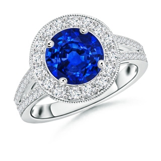 8mm AAAA Round Blue Sapphire Split Shank Ring with Diamond Halo in P950 Platinum