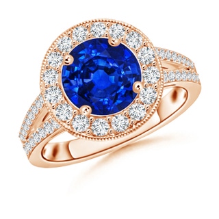 8mm AAAA Round Blue Sapphire Split Shank Ring with Diamond Halo in Rose Gold