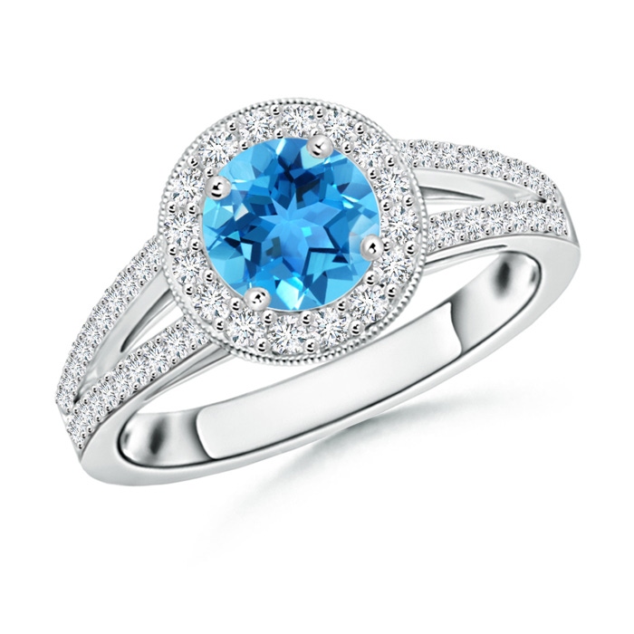 6mm AAA Round Swiss Blue Topaz Split Shank Ring with Diamond Halo in White Gold