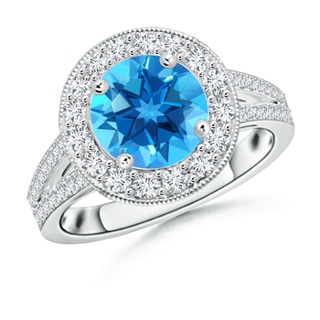 8mm AAAA Round Swiss Blue Topaz Split Shank Ring with Diamond Halo in P950 Platinum