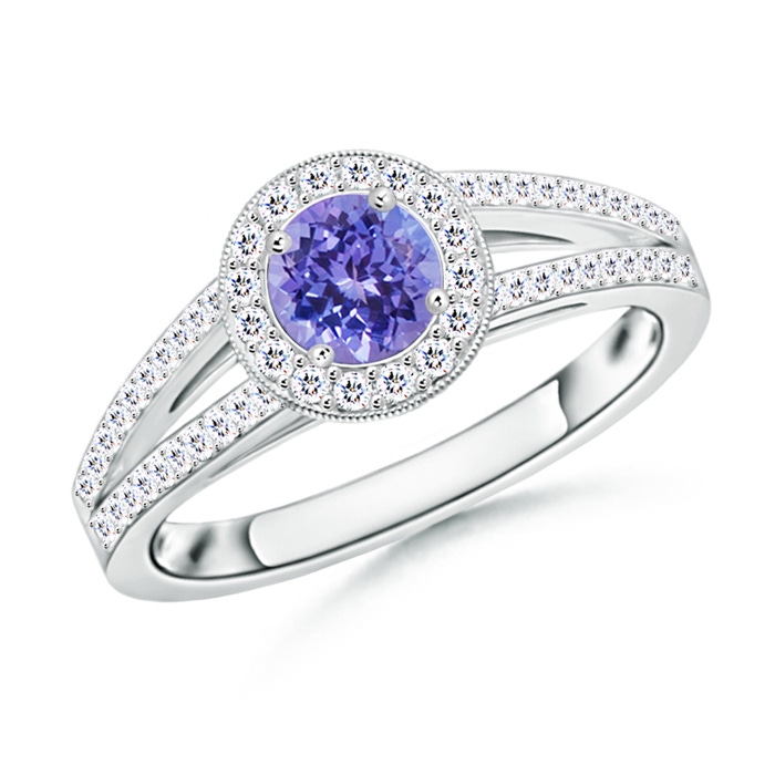 5mm AAA Round Tanzanite Split Shank Ring with Diamond Halo in White Gold