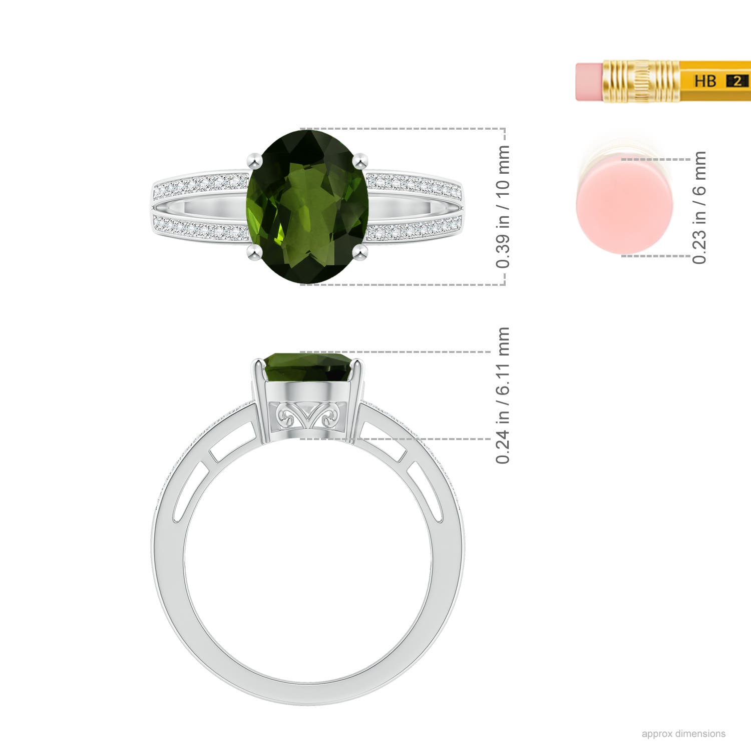 9.78x7.73x4.46mm AAA GIA Certified Solitaire Oval Tourmaline Split Shank Ring in White Gold - ruler