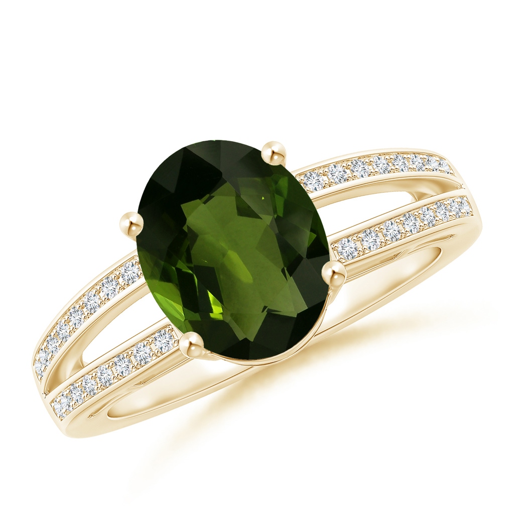 9.78x7.73x4.46mm AAA GIA Certified Solitaire Oval Tourmaline Split Shank Ring in Yellow Gold