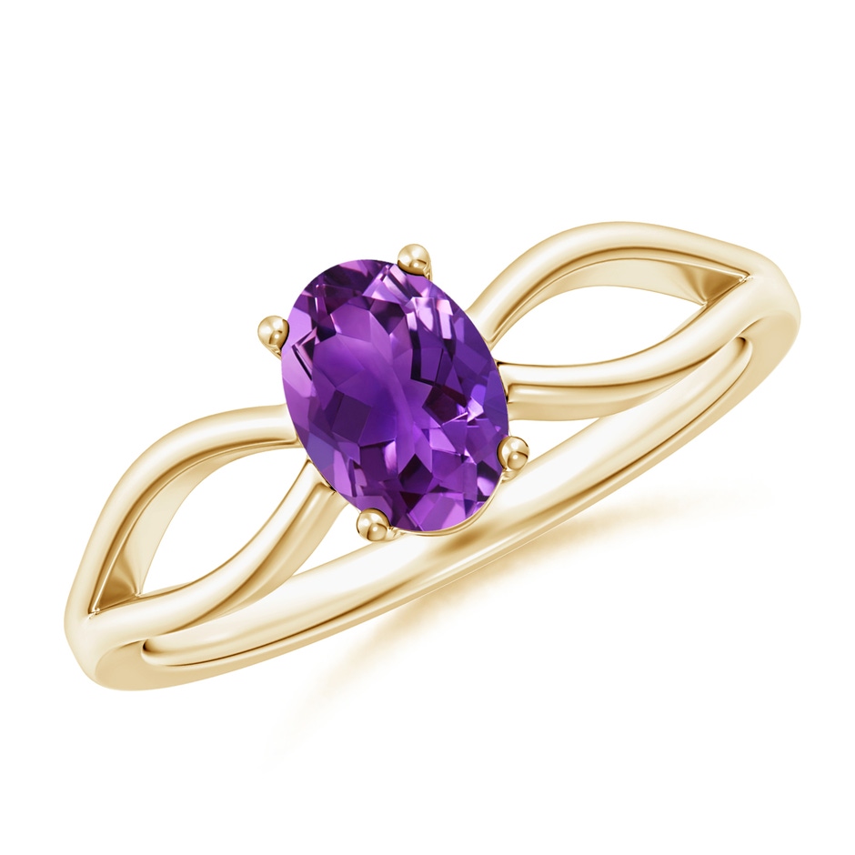 7x5mm AAAA Prong-Set Solitaire Amethyst Split Shank Ring in Yellow Gold 