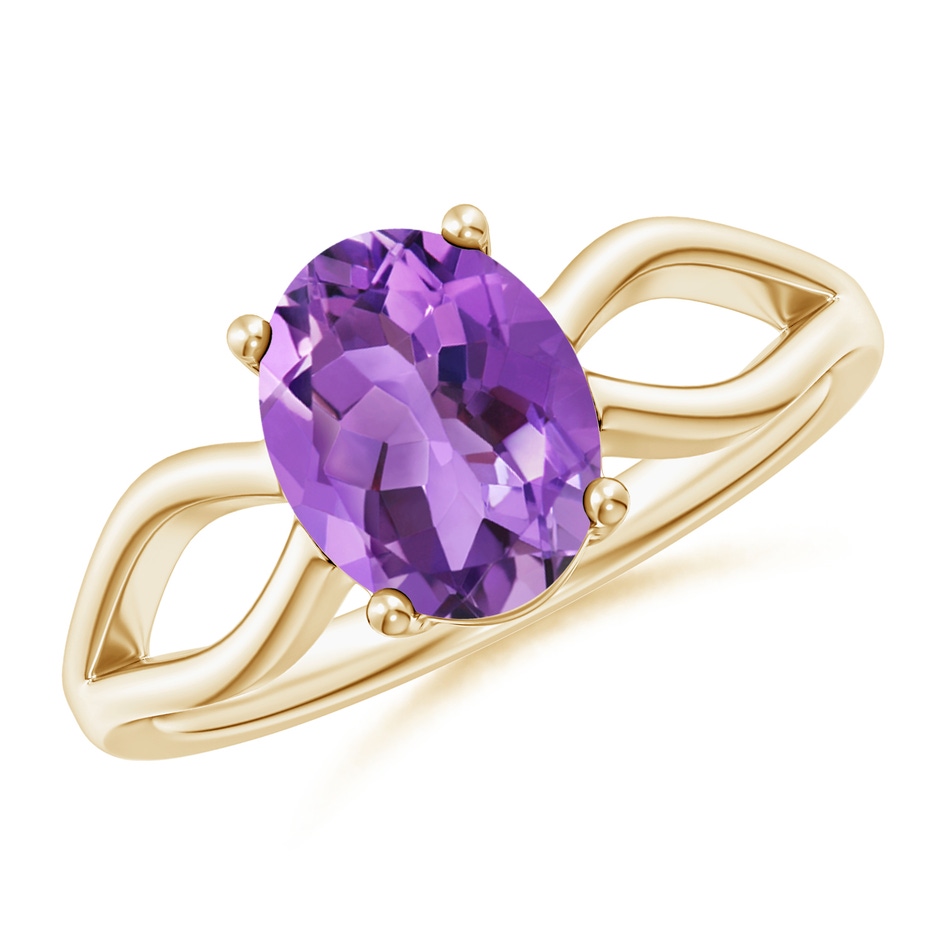 9x7mm AA Prong-Set Solitaire Amethyst Split Shank Ring in Yellow Gold 
