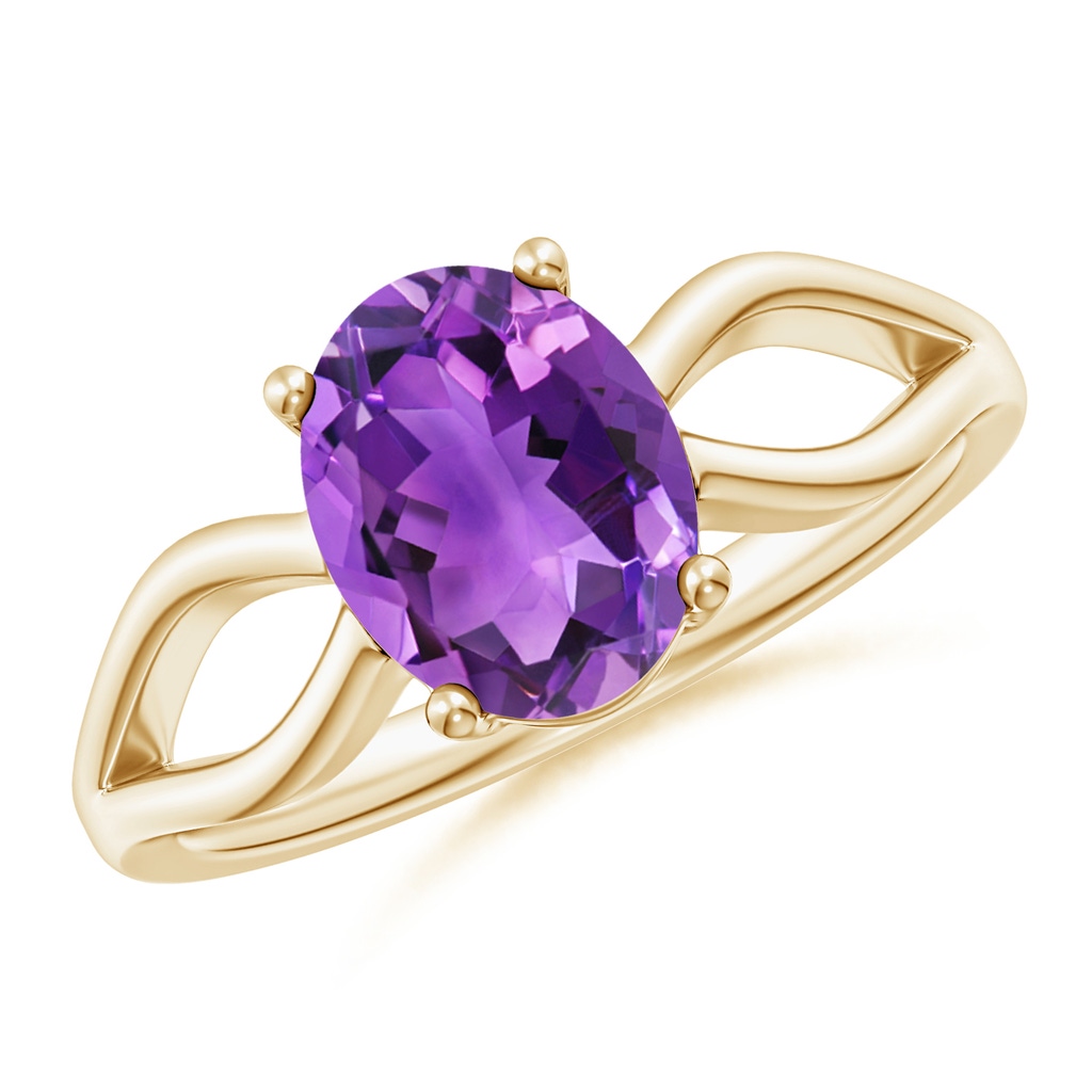9x7mm AAA Prong-Set Solitaire Amethyst Split Shank Ring in Yellow Gold