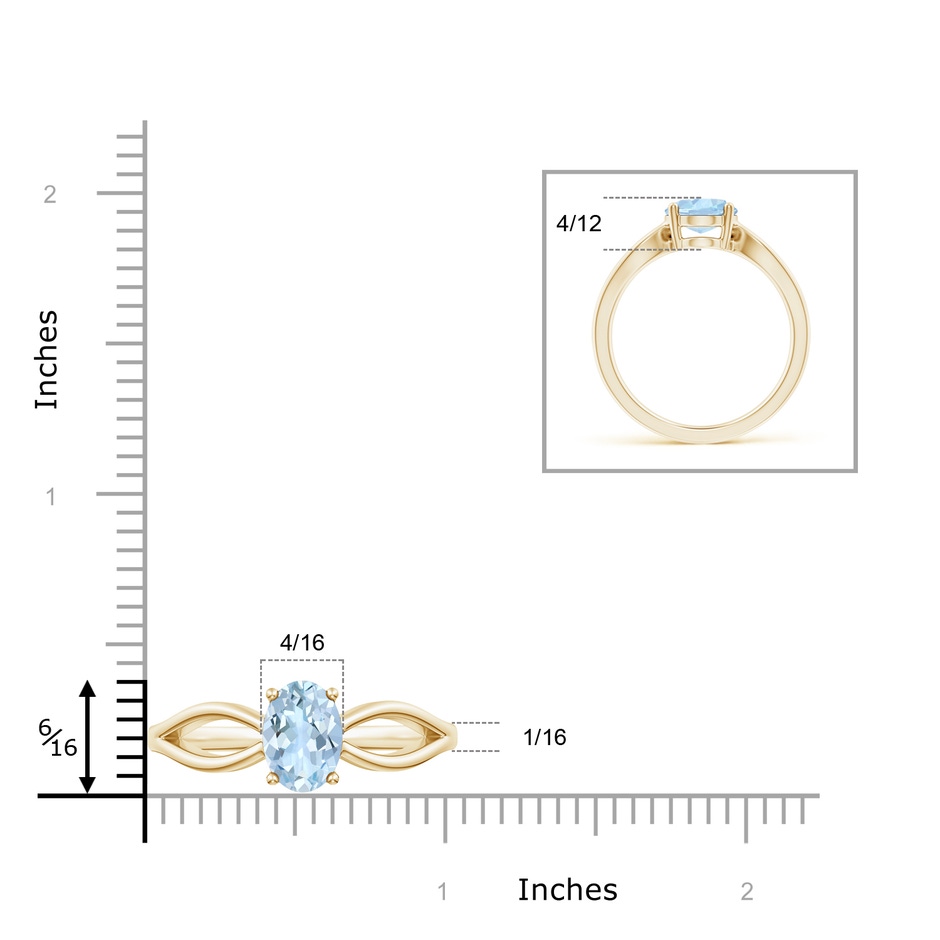 9x7mm AA Prong-Set Solitaire Aquamarine Split Shank Ring in Yellow Gold ruler