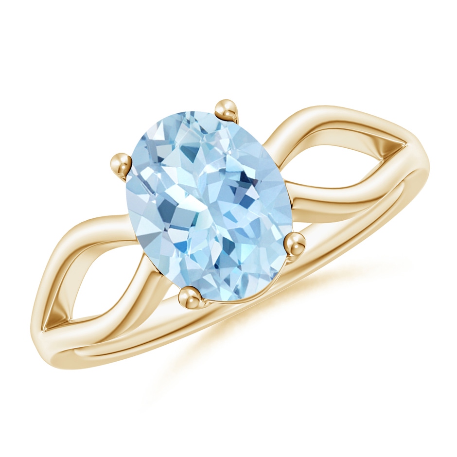 9x7mm AAA Prong-Set Solitaire Aquamarine Split Shank Ring in Yellow Gold 