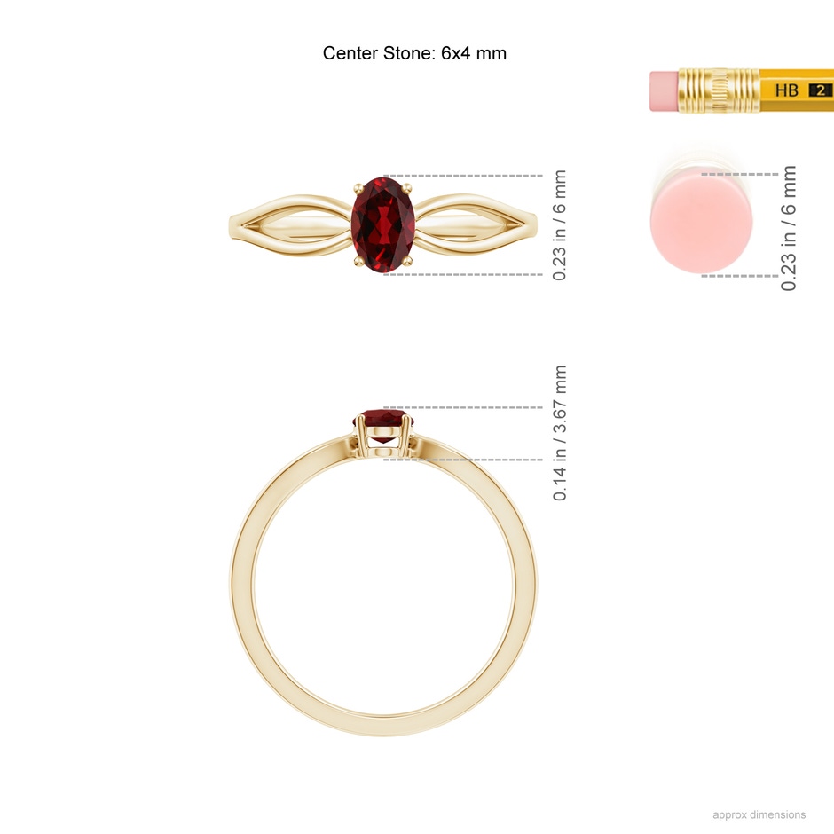 6x4mm AAAA Prong-Set Solitaire Garnet Split Shank Ring in Yellow Gold ruler