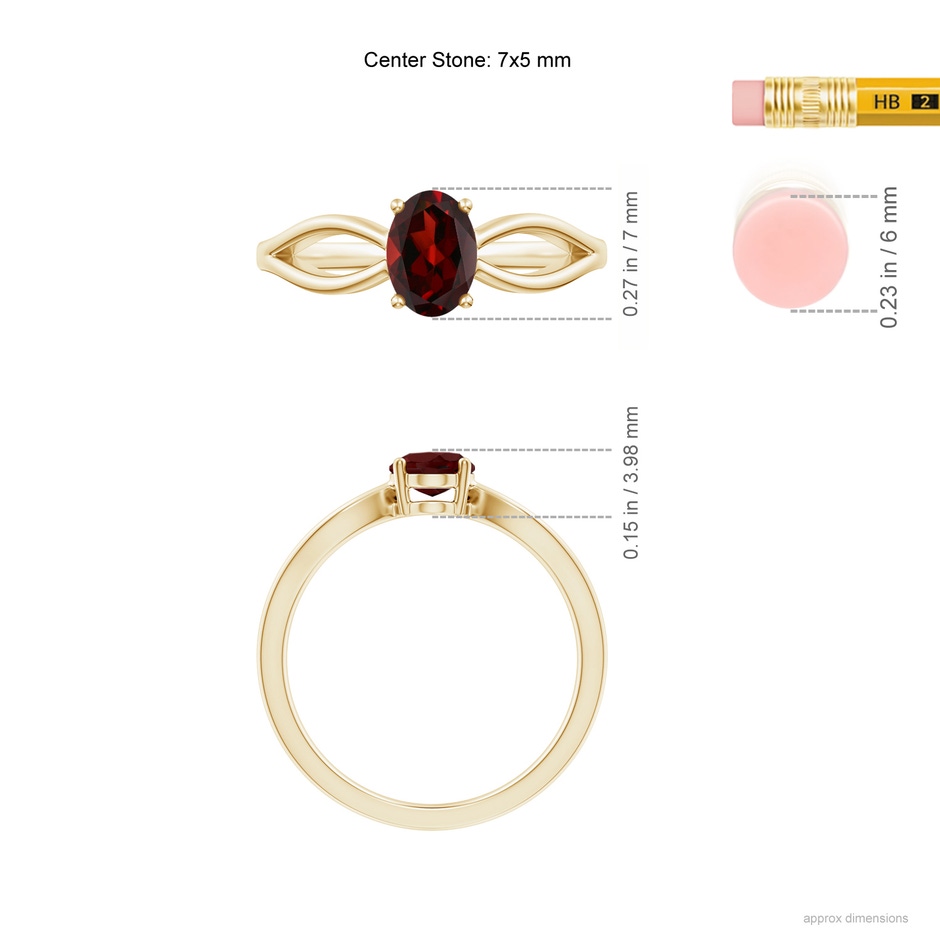 7x5mm AAA Prong-Set Solitaire Garnet Split Shank Ring in Yellow Gold ruler