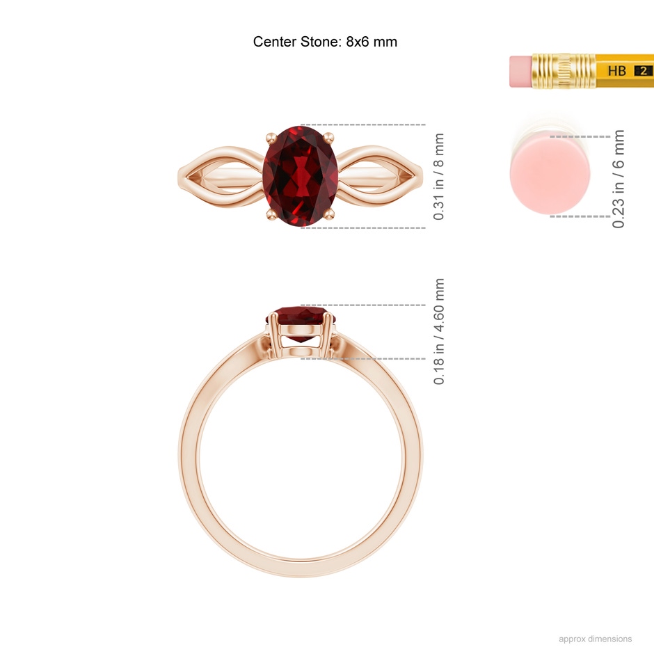 8x6mm AAAA Prong-Set Solitaire Garnet Split Shank Ring in Rose Gold ruler