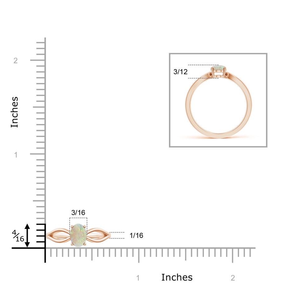 7x5mm AAA Prong-Set Solitaire Opal Split Shank Ring in Rose Gold ruler