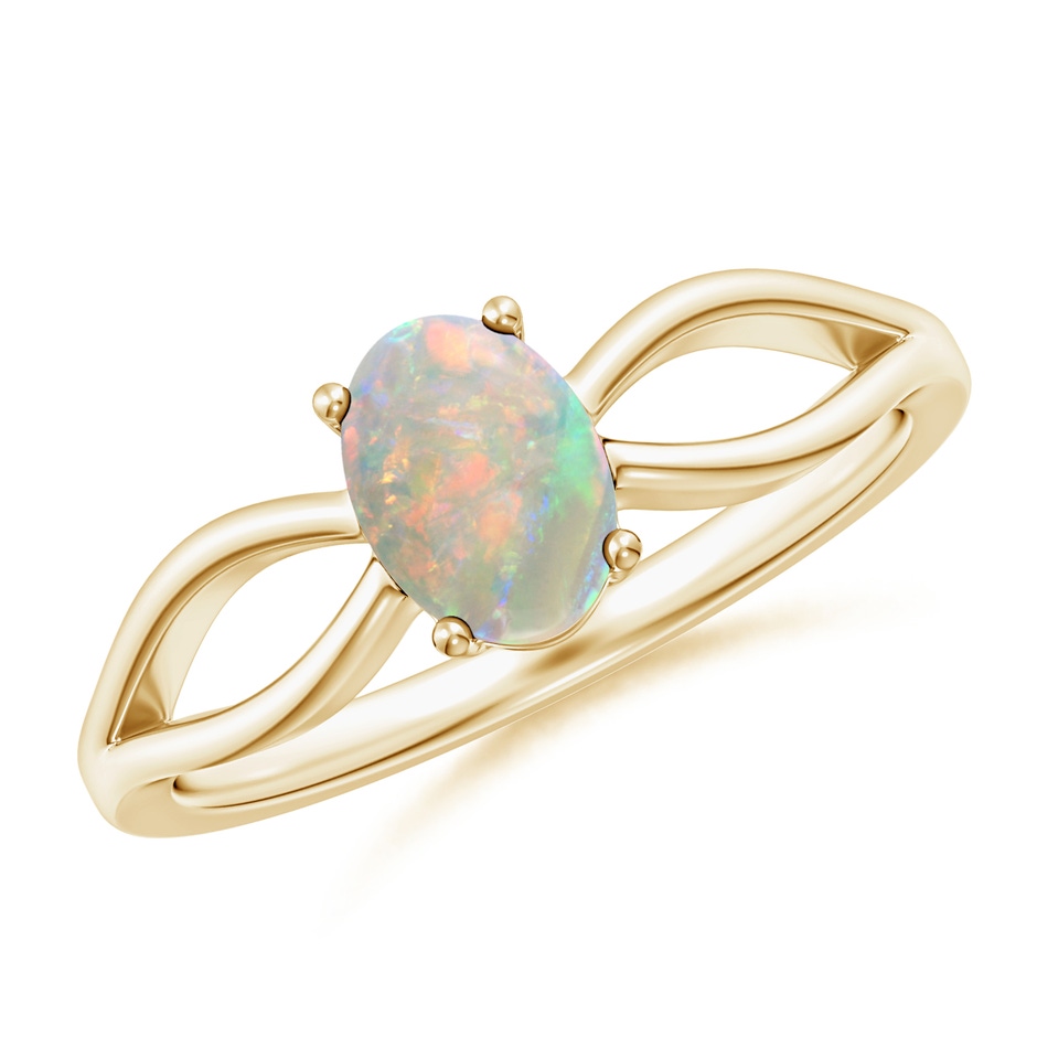 7x5mm AAAA Prong-Set Solitaire Opal Split Shank Ring in Yellow Gold 
