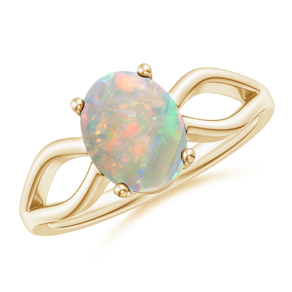 9x7mm AAAA Prong-Set Solitaire Opal Split Shank Ring in Yellow Gold 