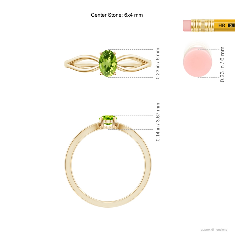 6x4mm AAA Prong-Set Solitaire Peridot Split Shank Ring in Yellow Gold ruler