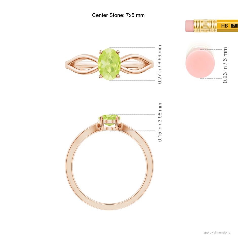 7x5mm A Prong-Set Solitaire Peridot Split Shank Ring in Rose Gold ruler