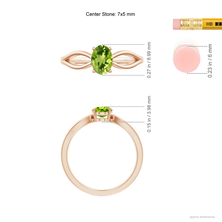 7x5mm AAA Prong-Set Solitaire Peridot Split Shank Ring in Rose Gold ruler