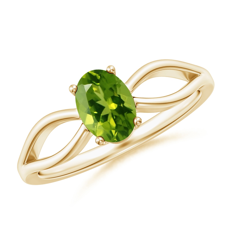 7x5mm AAAA Prong-Set Solitaire Peridot Split Shank Ring in Yellow Gold 