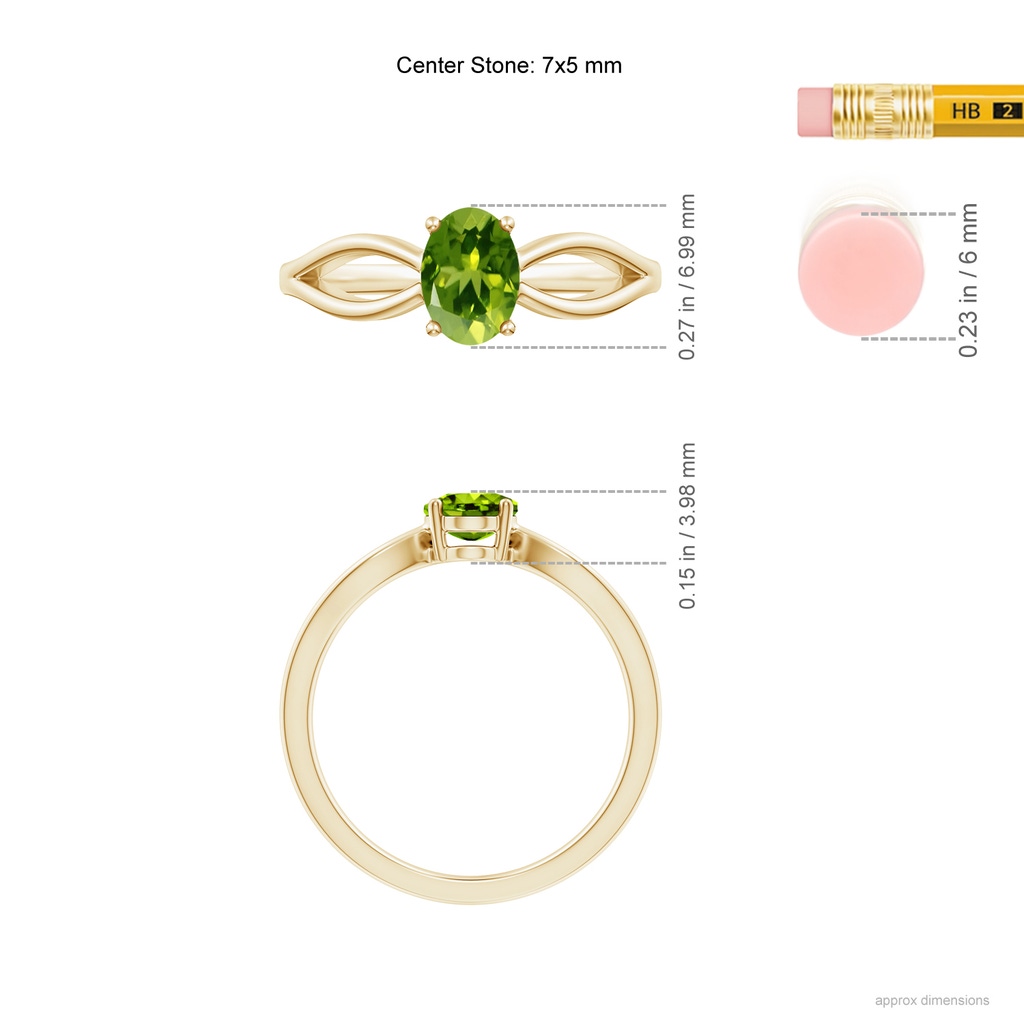 7x5mm AAAA Prong-Set Solitaire Peridot Split Shank Ring in Yellow Gold Ruler