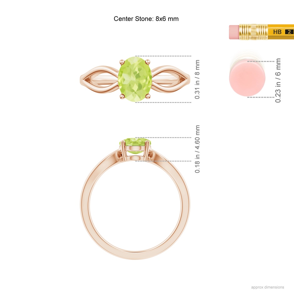 8x6mm A Prong-Set Solitaire Peridot Split Shank Ring in Rose Gold ruler