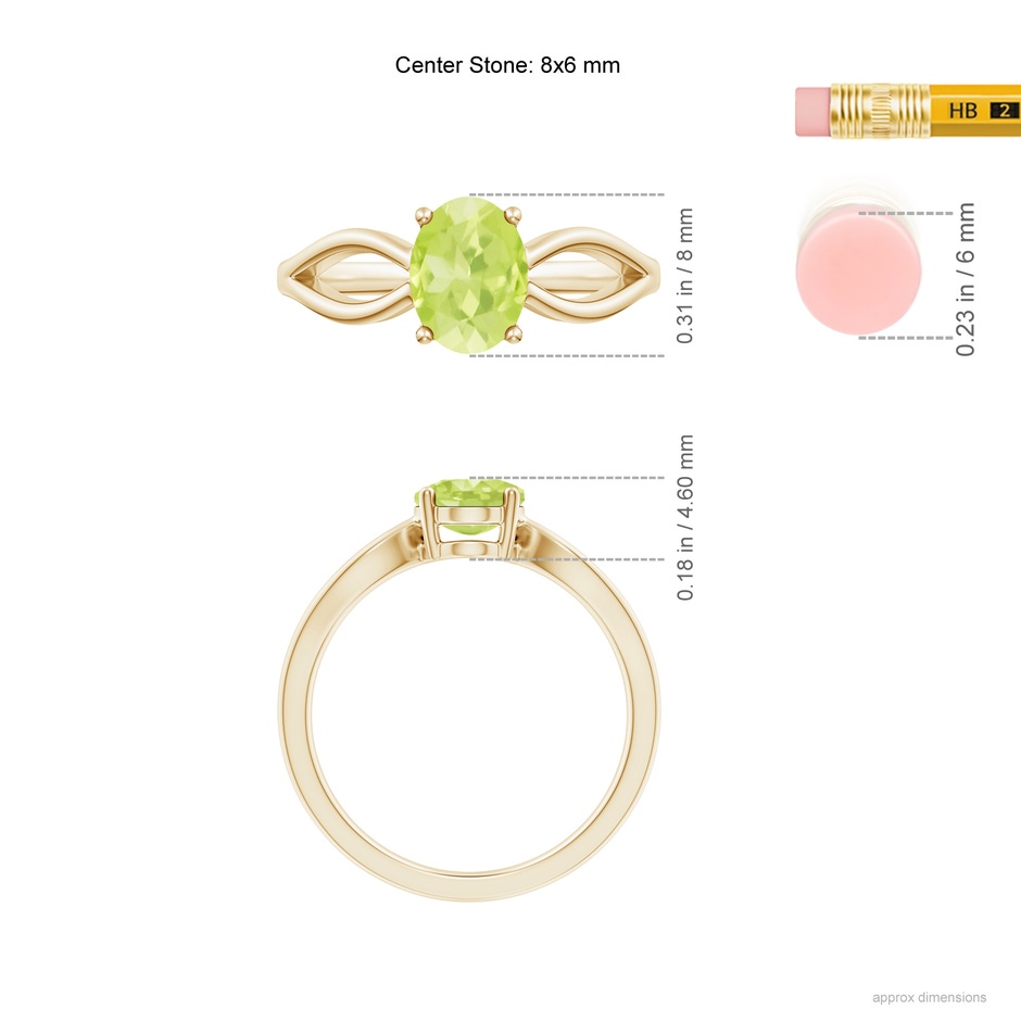8x6mm A Prong-Set Solitaire Peridot Split Shank Ring in Yellow Gold ruler