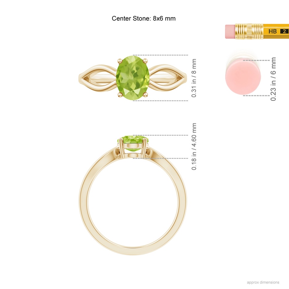 8x6mm AA Prong-Set Solitaire Peridot Split Shank Ring in Yellow Gold ruler