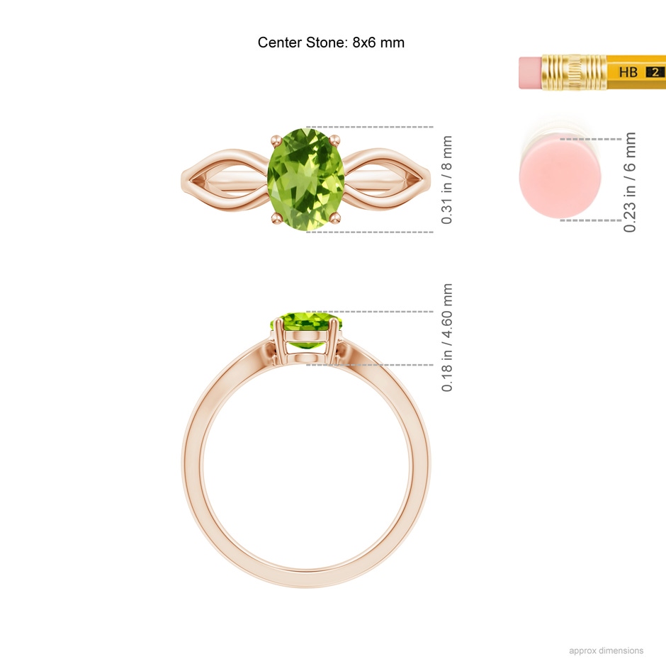 8x6mm AAA Prong-Set Solitaire Peridot Split Shank Ring in Rose Gold ruler