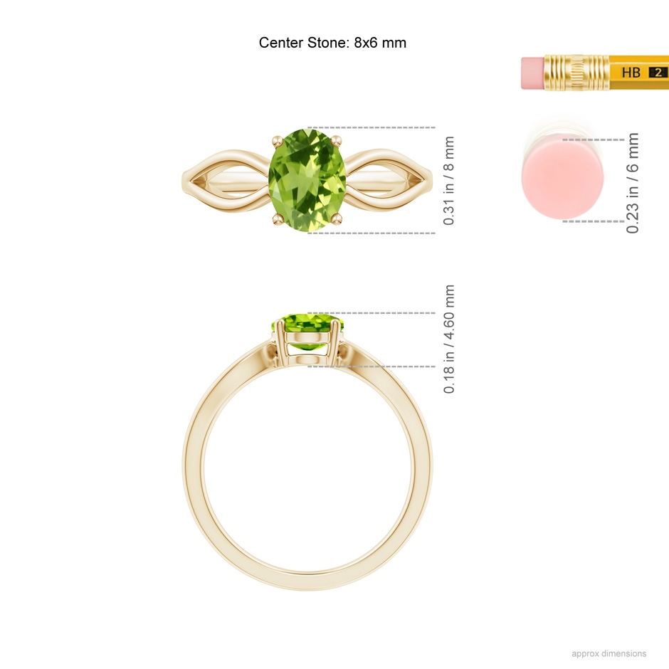 8x6mm AAA Prong-Set Solitaire Peridot Split Shank Ring in Yellow Gold ruler