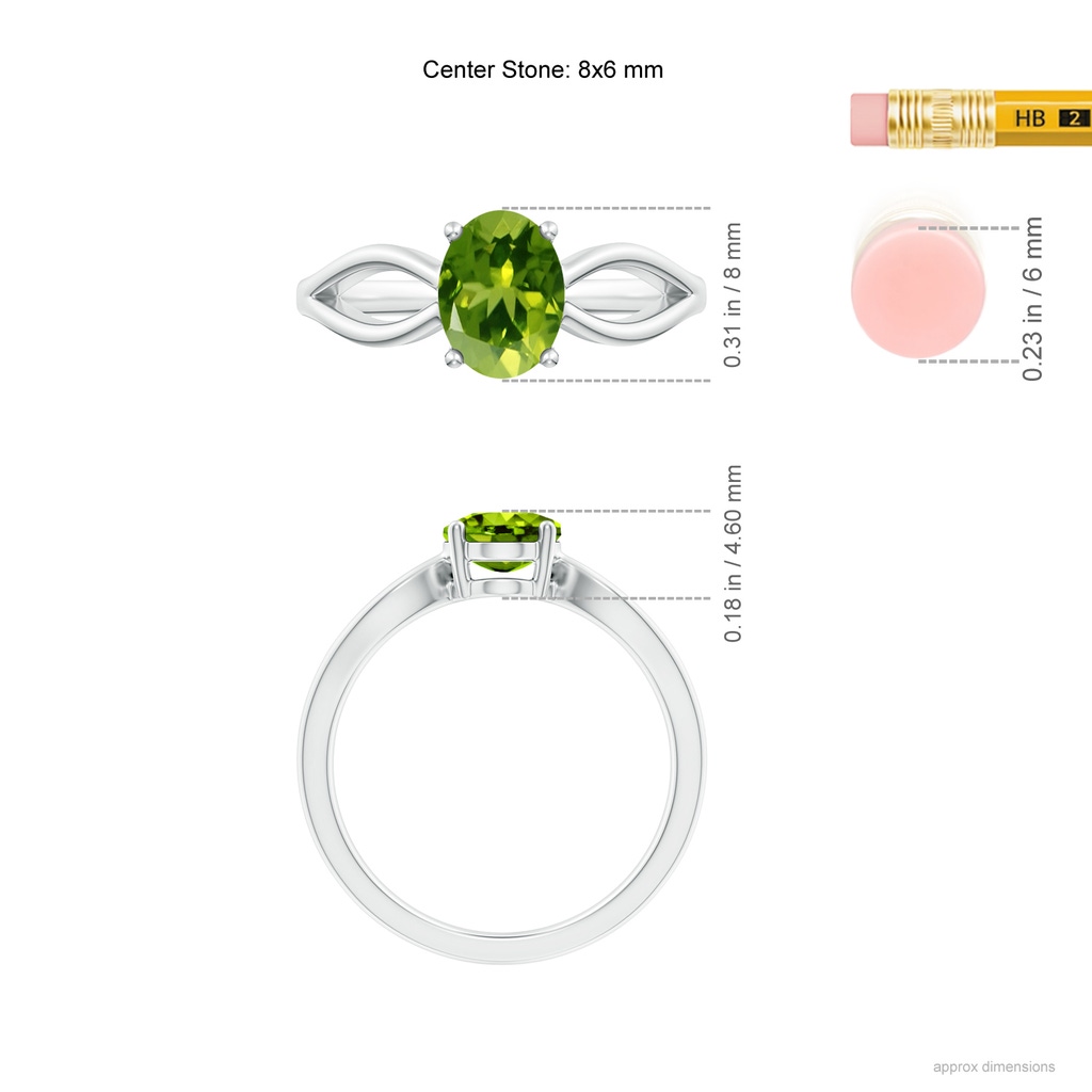 8x6mm AAAA Prong-Set Solitaire Peridot Split Shank Ring in White Gold Ruler