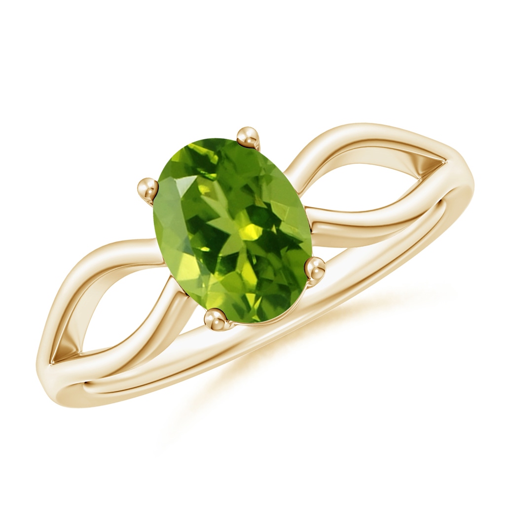 8x6mm AAAA Prong-Set Solitaire Peridot Split Shank Ring in Yellow Gold 