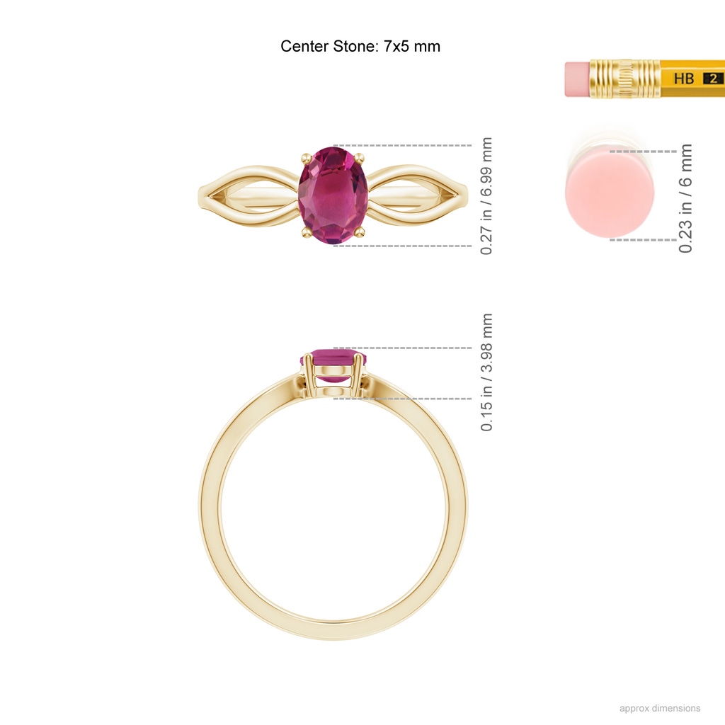 7x5mm AAAA Prong-Set Solitaire Pink Tourmaline Split Shank Ring in 10K Yellow Gold Ruler