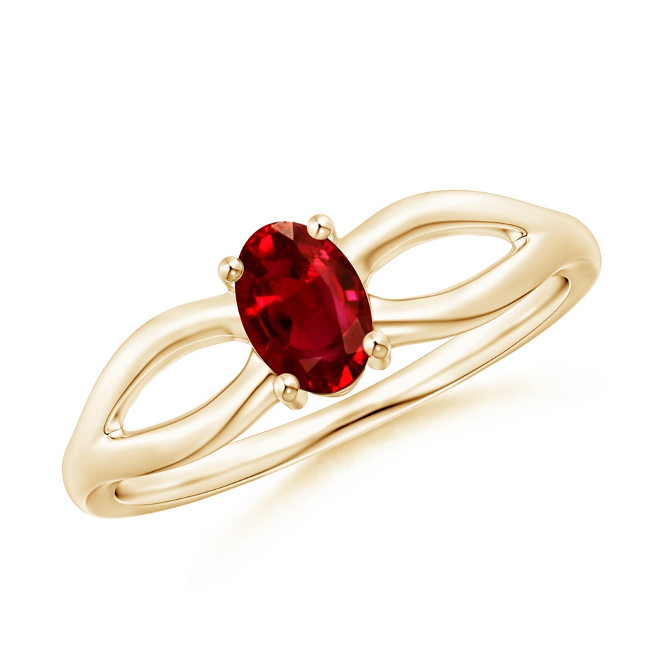6x4mm AAAA Prong-Set Solitaire Ruby Split Shank Ring in Yellow Gold 