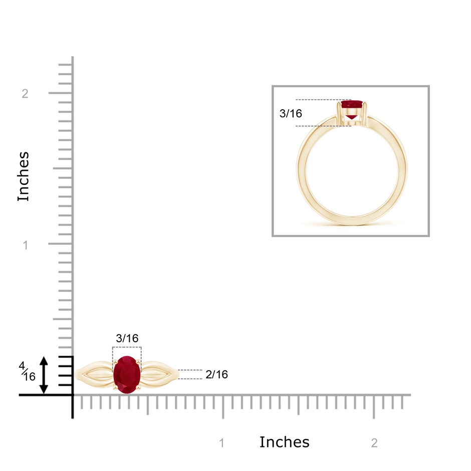 7x5mm AA Prong-Set Solitaire Ruby Split Shank Ring in Yellow Gold ruler