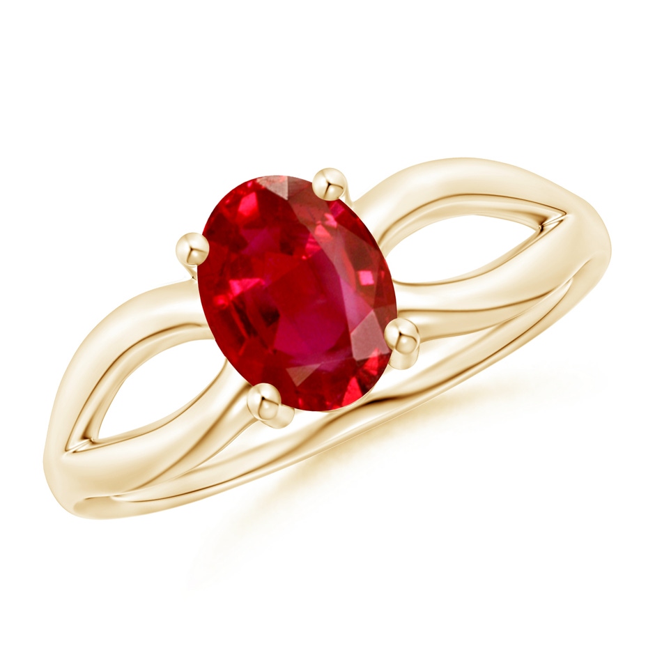 8x6mm AAA Prong-Set Solitaire Ruby Split Shank Ring in Yellow Gold 