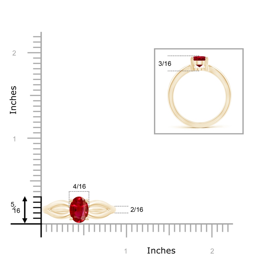 8x6mm AAA Prong-Set Solitaire Ruby Split Shank Ring in Yellow Gold ruler