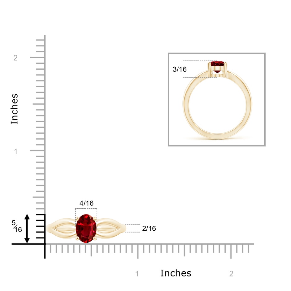 8x6mm AAAA Prong-Set Solitaire Ruby Split Shank Ring in Yellow Gold ruler