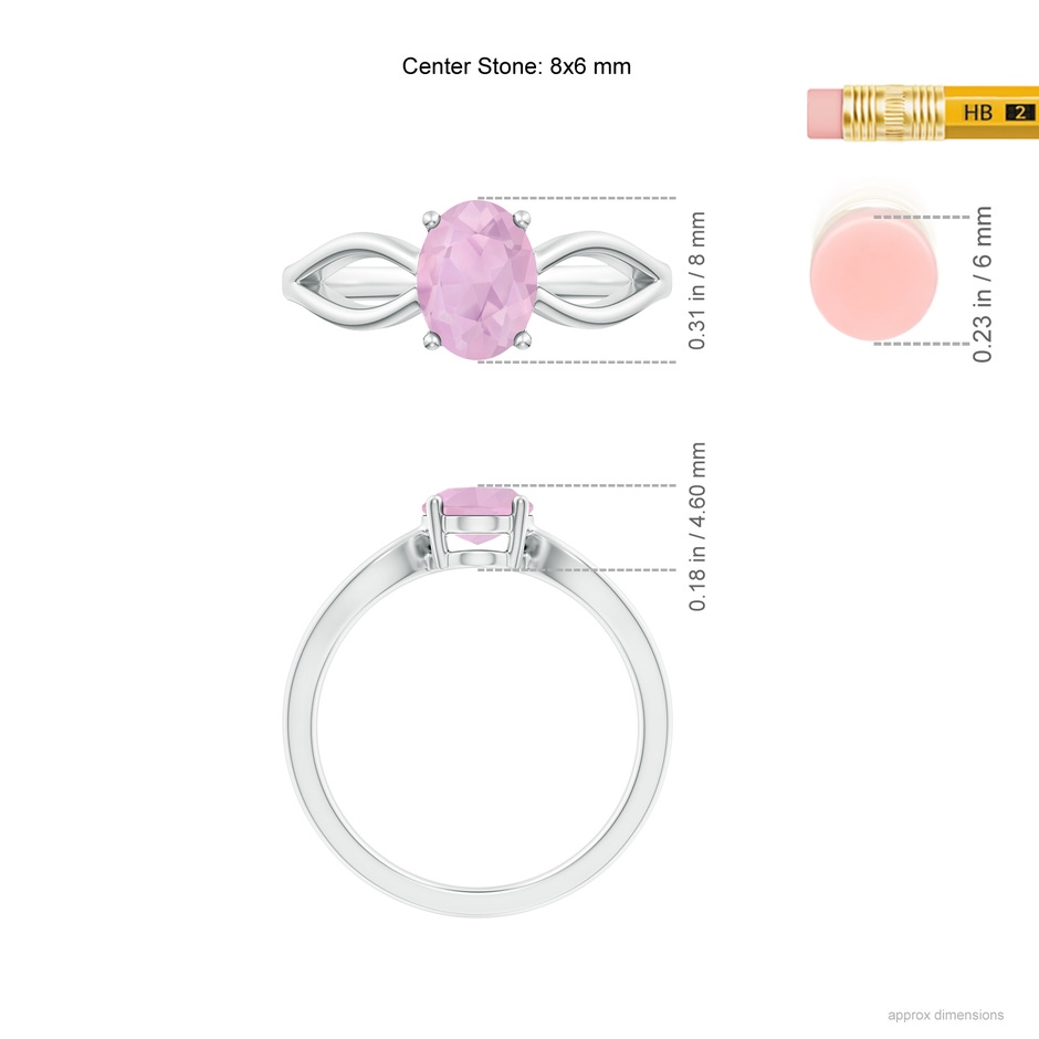 8x6mm AAAA Prong-Set Solitaire Rose Quartz Split Shank Ring in S999 Silver ruler
