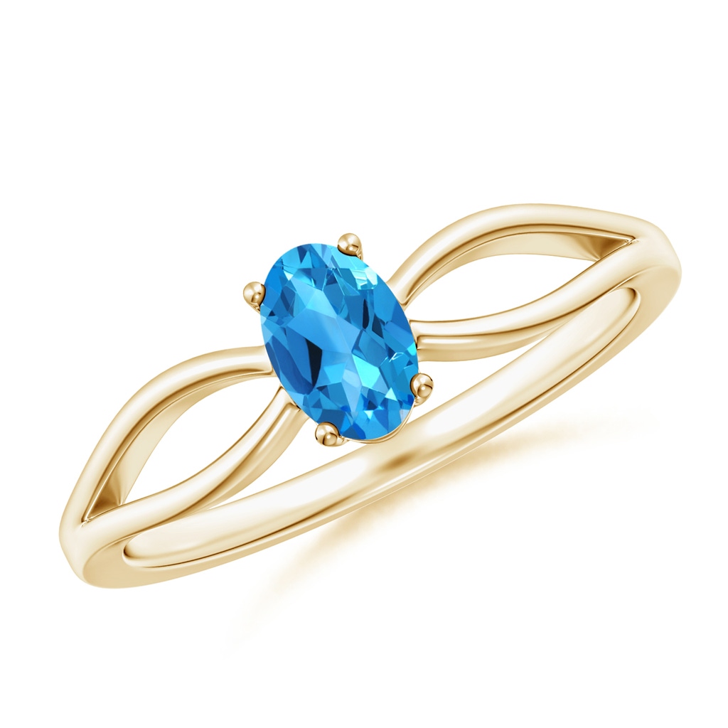 6x4mm AAAA Prong-Set Solitaire Swiss Blue Topaz Split Shank Ring in Yellow Gold