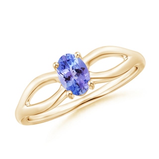 6x4mm AAA Prong-Set Solitaire Tanzanite Split Shank Ring in 9K Yellow Gold