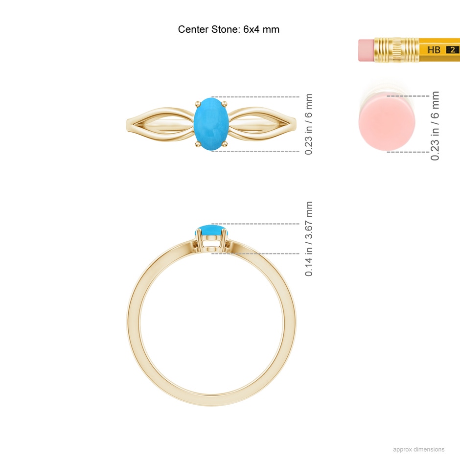 6x4mm AAA Prong-Set Solitaire Turquoise Split Shank Ring in Yellow Gold ruler