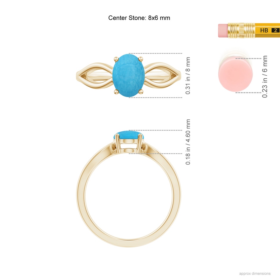 8x6mm A Prong-Set Solitaire Turquoise Split Shank Ring in Yellow Gold ruler
